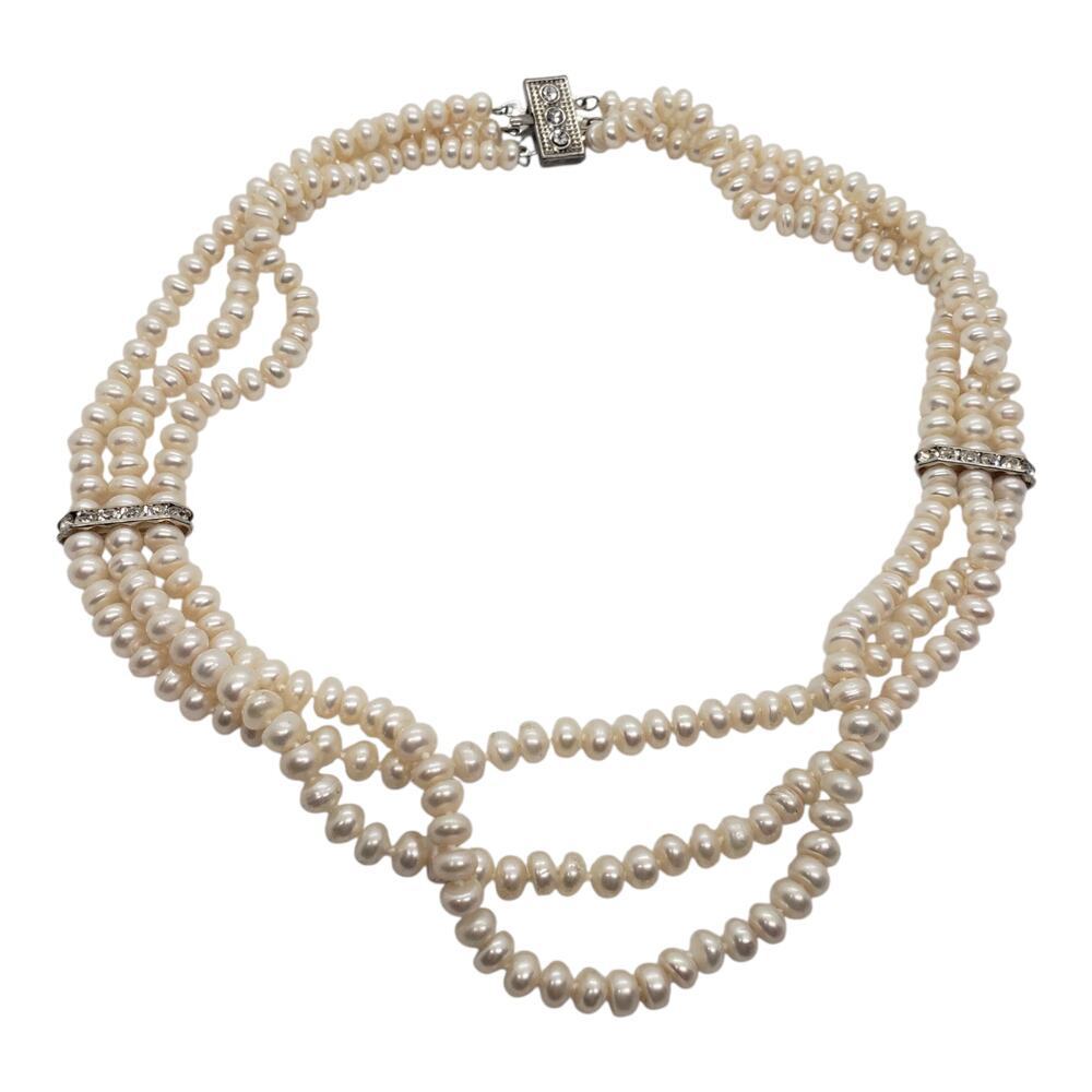 Freshwater Pearl Necklace 3 Strand White Rhinestone Spacers Silver Tone Layered - Picture 3 of 15
